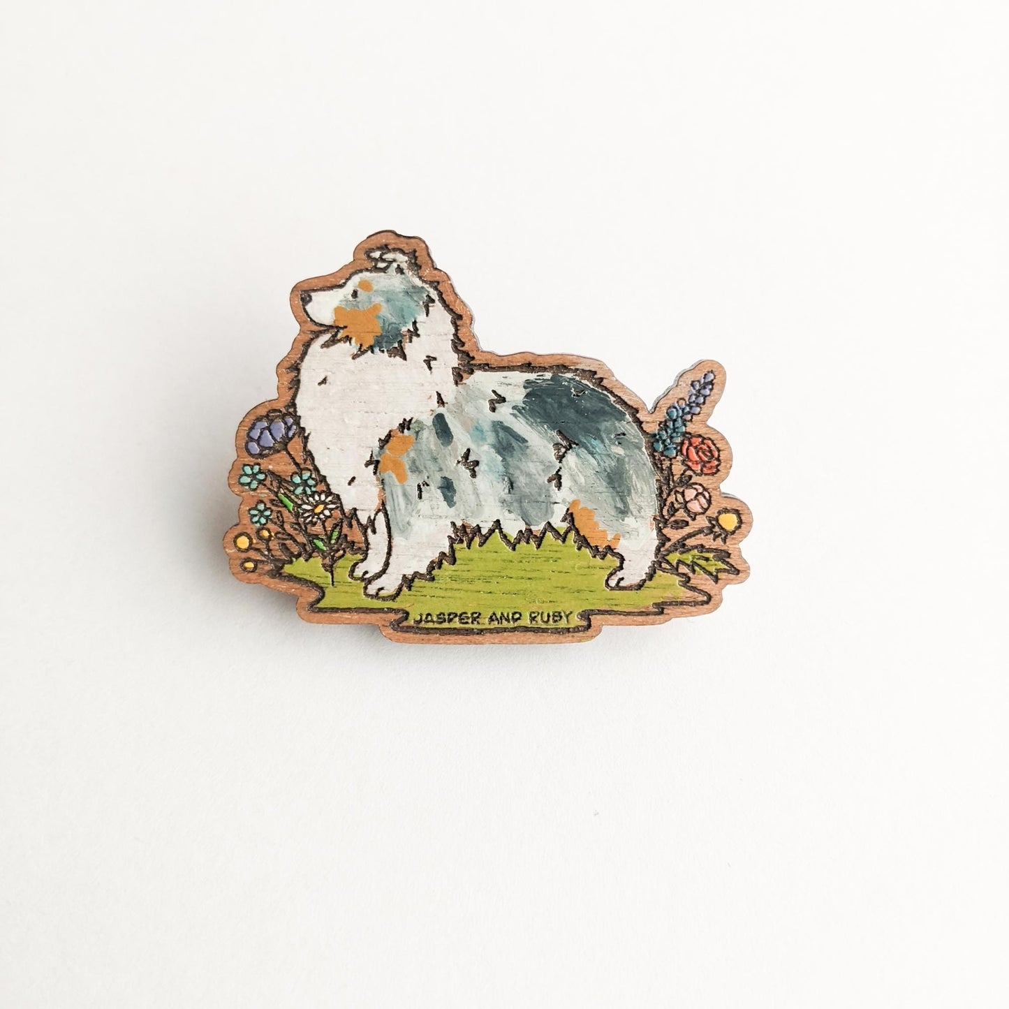 Wooden Sheltie Pin, Laser Engraved Wooden Pin, Shetland Sheepdog Pin, Hand Painted, Sheltie Gift, Sheltie Lover, Stocking Stuffer