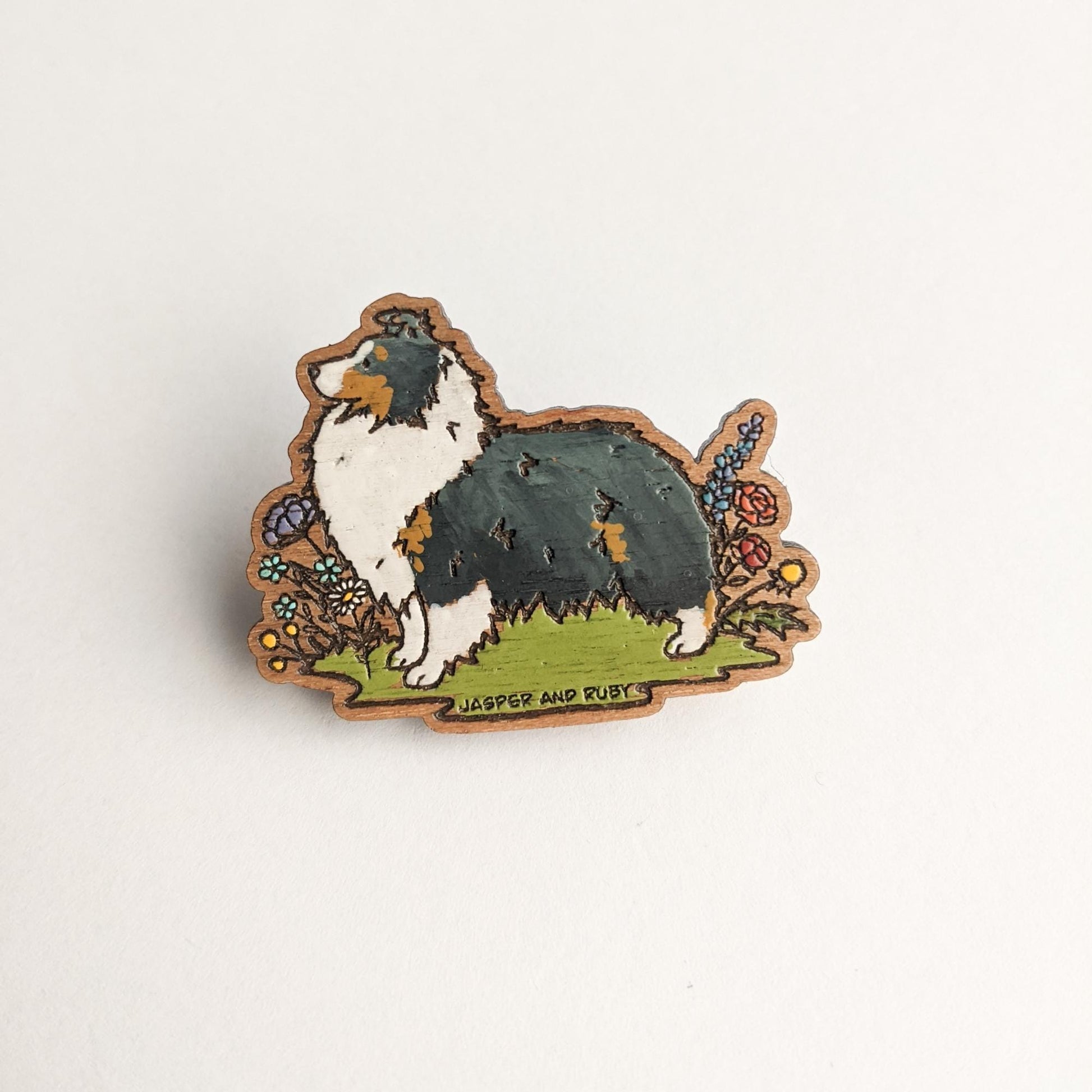 Wooden Sheltie Pin, Laser Engraved Wooden Pin, Shetland Sheepdog Pin, Hand Painted, Sheltie Gift, Sheltie Lover, Stocking Stuffer