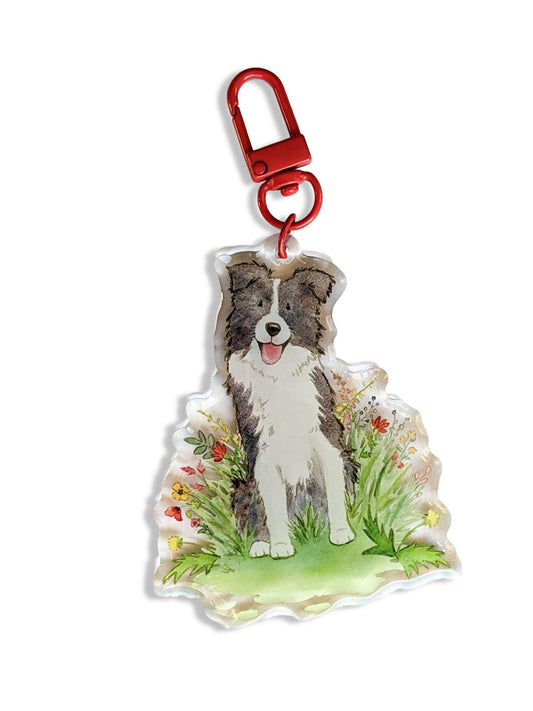 border collie with flowers keychain