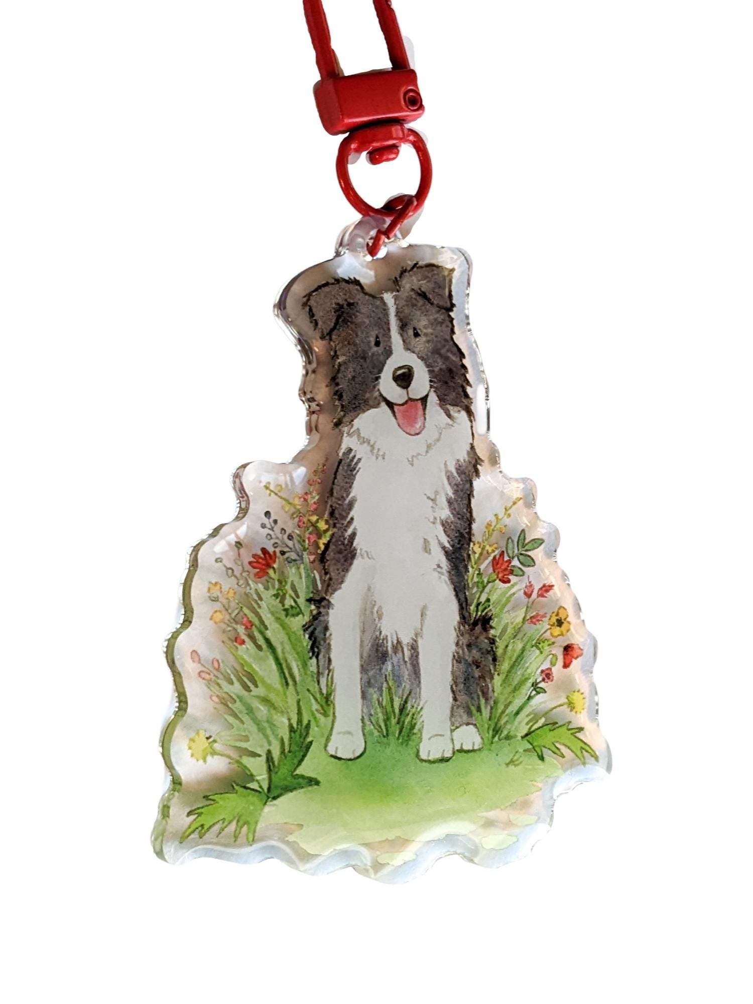 border collie with flowers keychain