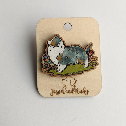 Wooden Sheltie Pin, Laser Engraved Wooden Pin, Shetland Sheepdog Pin, Hand Painted, Sheltie Gift, Sheltie Lover, Stocking Stuffer