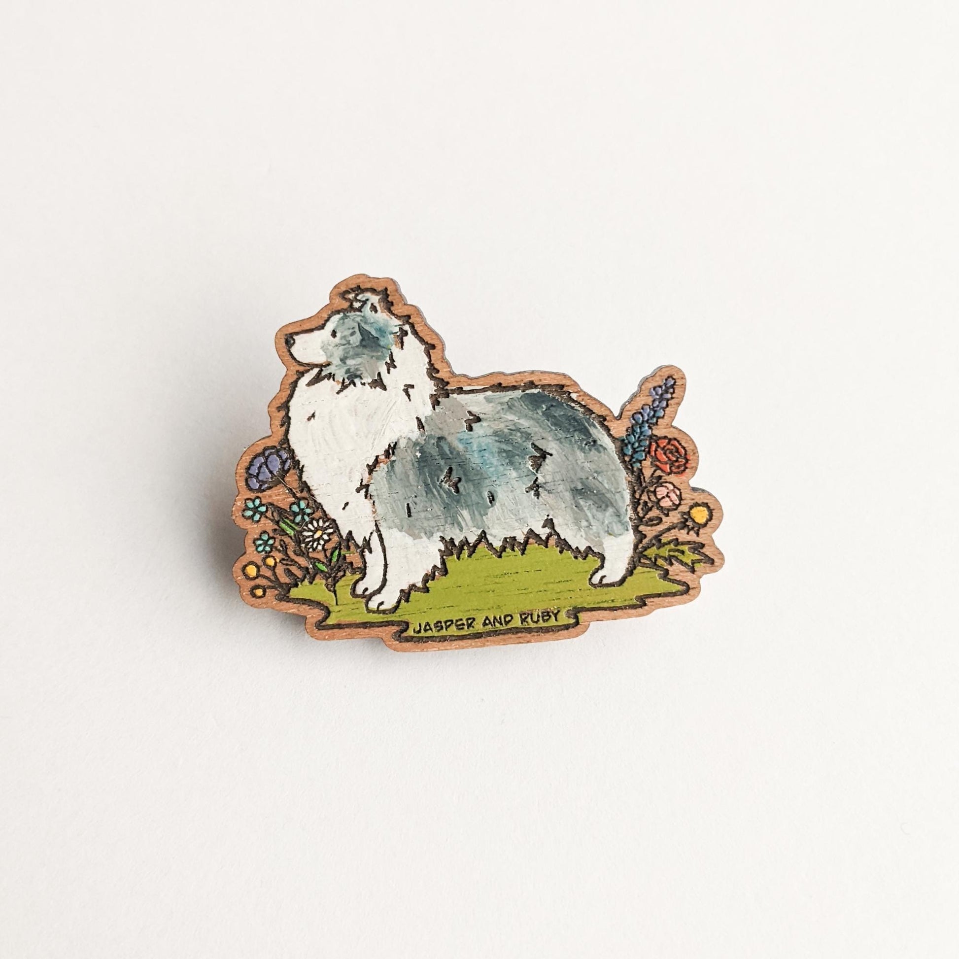 Wooden Sheltie Pin, Laser Engraved Wooden Pin, Shetland Sheepdog Pin, Hand Painted, Sheltie Gift, Sheltie Lover, Stocking Stuffer