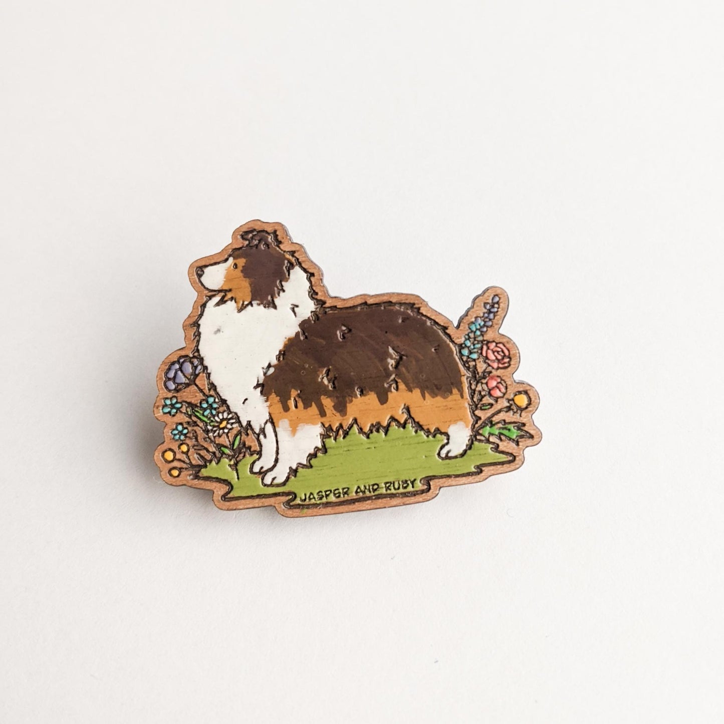 Wooden Sheltie Pin, Laser Engraved Wooden Pin, Shetland Sheepdog Pin, Hand Painted, Sheltie Gift, Sheltie Lover, Stocking Stuffer