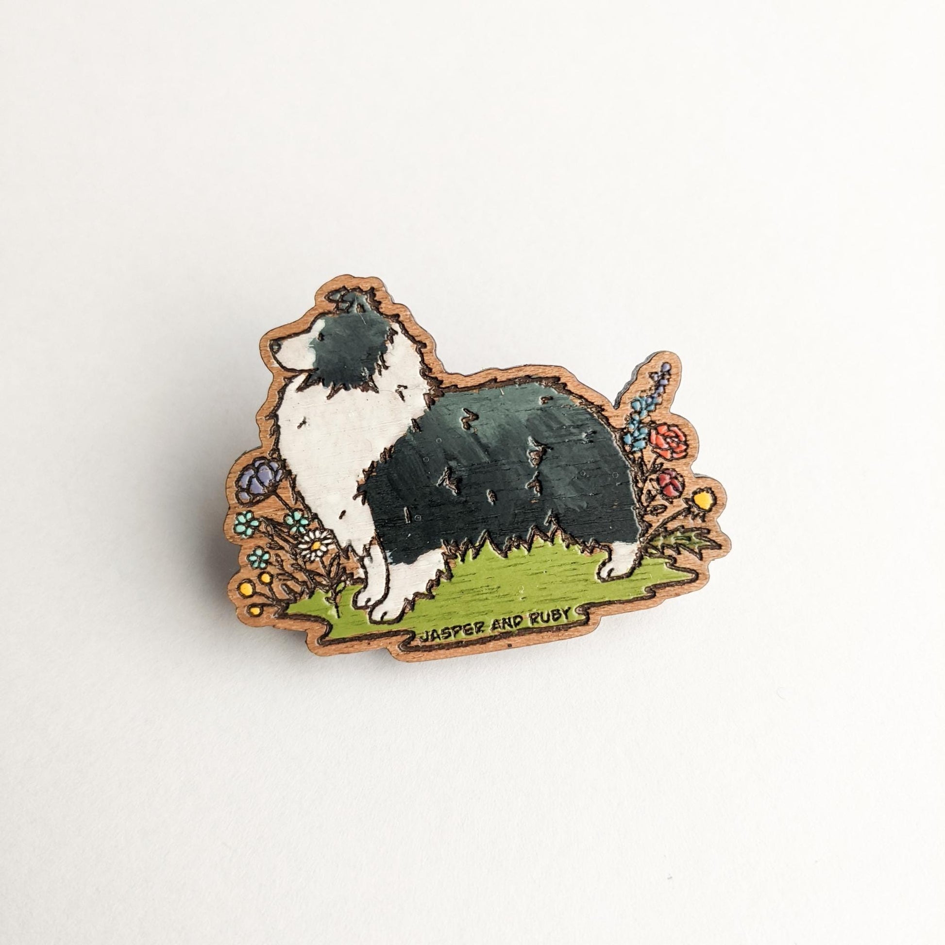 Wooden Sheltie Pin, Laser Engraved Wooden Pin, Shetland Sheepdog Pin, Hand Painted, Sheltie Gift, Sheltie Lover, Stocking Stuffer