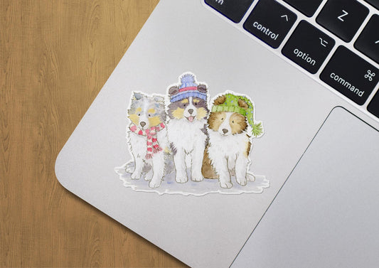 sheltie puppies wearing hats and scarves sticker