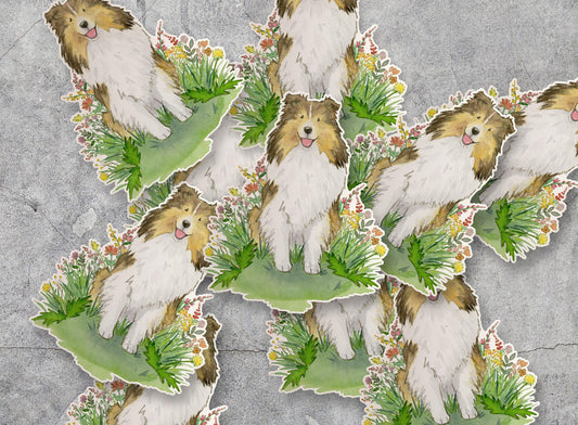 sable sheltie with flowers sticker