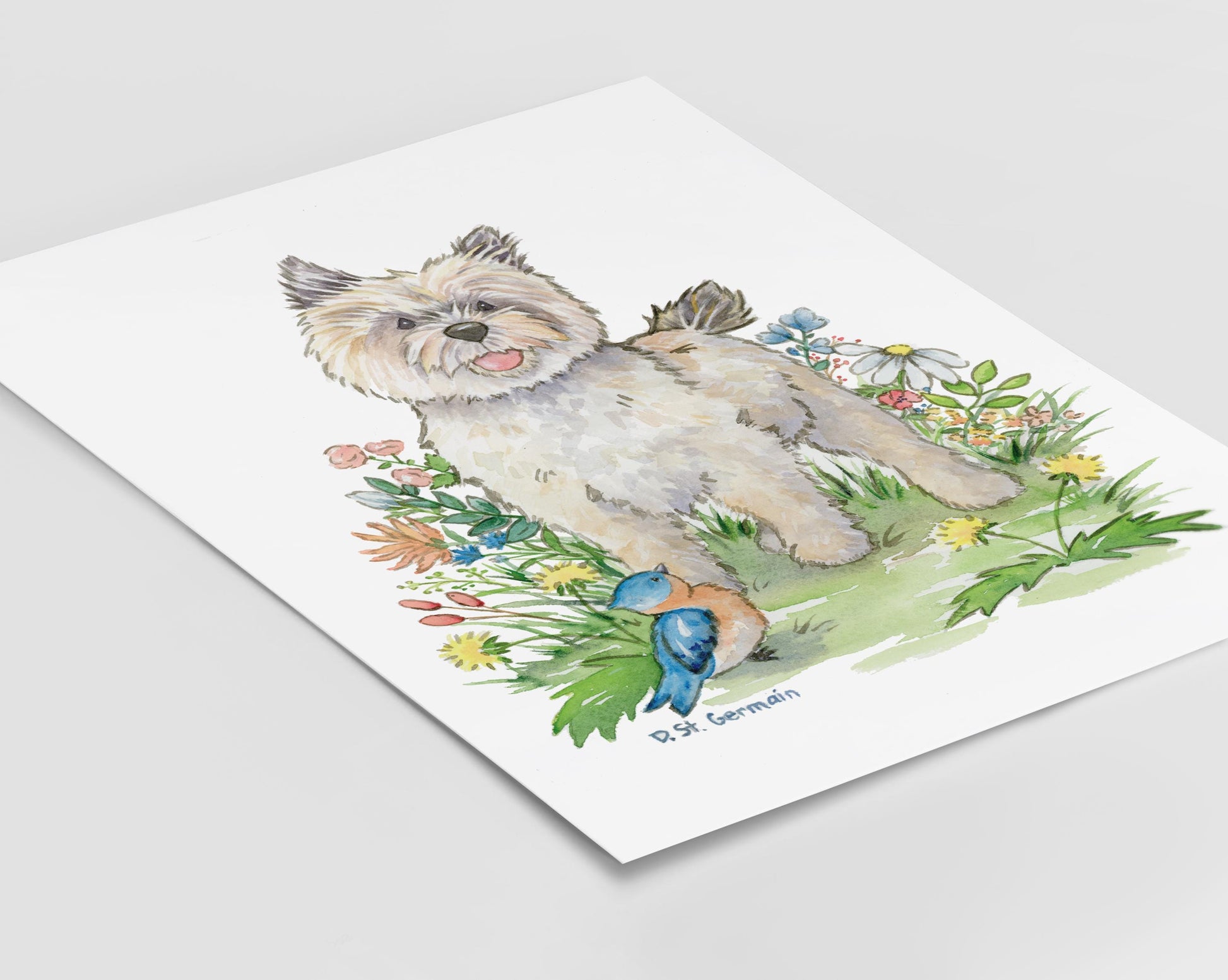 watercolor painting of cairn terrier puppy, bluebird, and colorful flowers