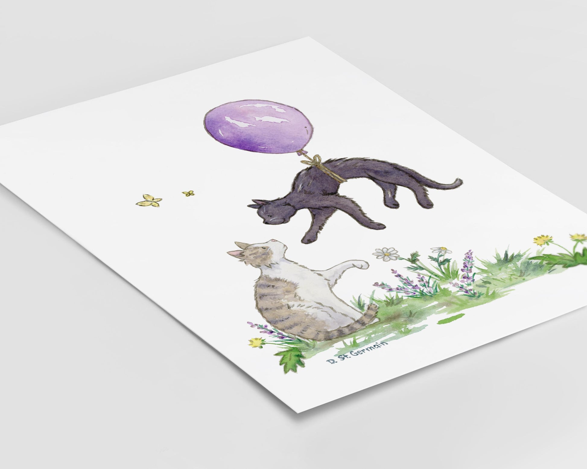Watercolor Cat Art, Kitten Nursery Art, Cats with Purple Balloon, Black Cat Art, Tabby Cat Art, Children's Cat Art, Cat Lover Gift