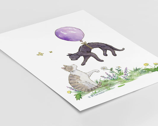 Watercolor Cat Art, Kitten Nursery Art, Cats with Purple Balloon, Black Cat Art, Tabby Cat Art, Children's Cat Art, Cat Lover Gift