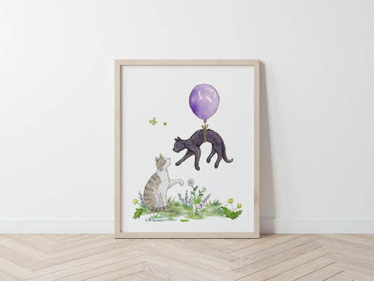 Watercolor Cat Art, Kitten Nursery Art, Cats with Purple Balloon, Black Cat Art, Tabby Cat Art, Children's Cat Art, Cat Lover Gift