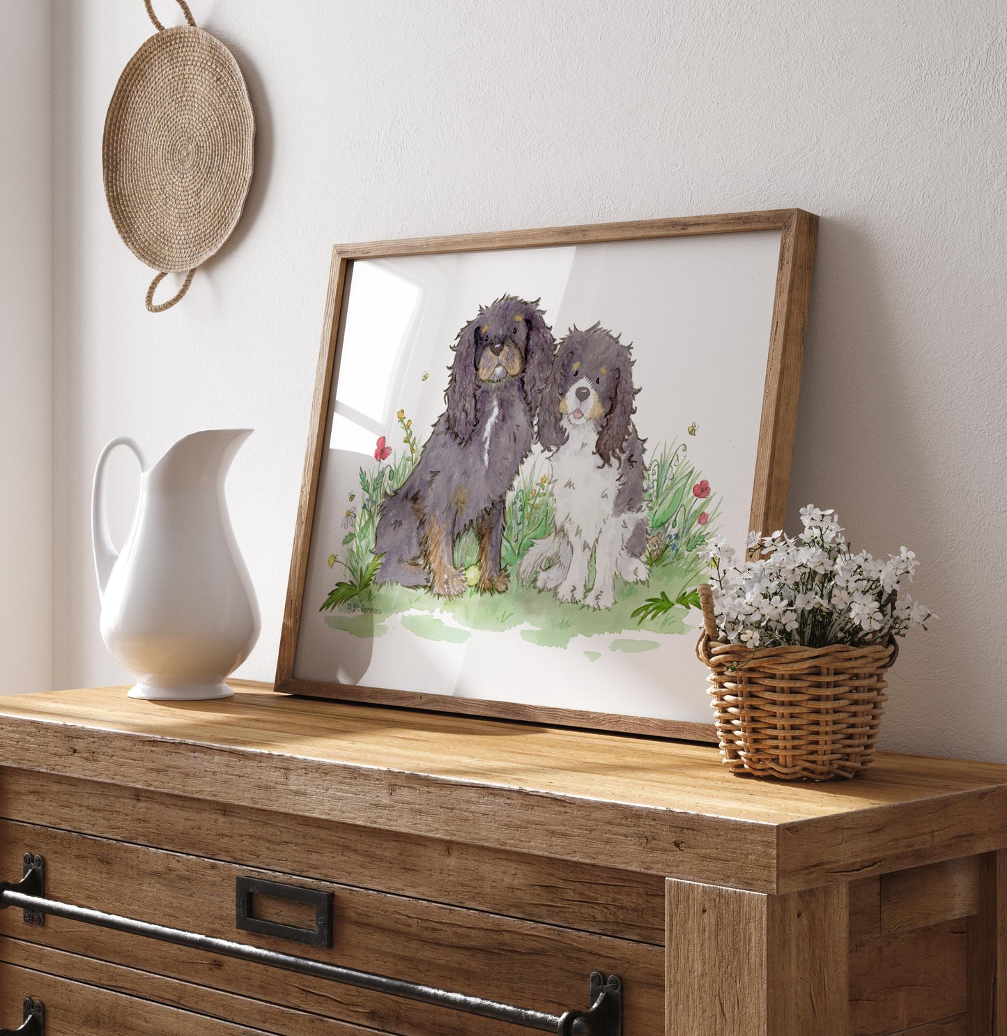 framed watercolor print of two cavalier King Charles spaniels and colorful flowers