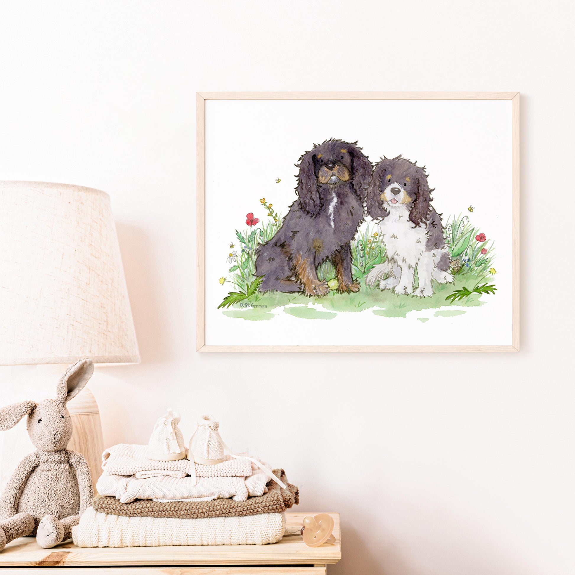 framed watercolor print of two cavalier King Charles spaniels and colorful flowers