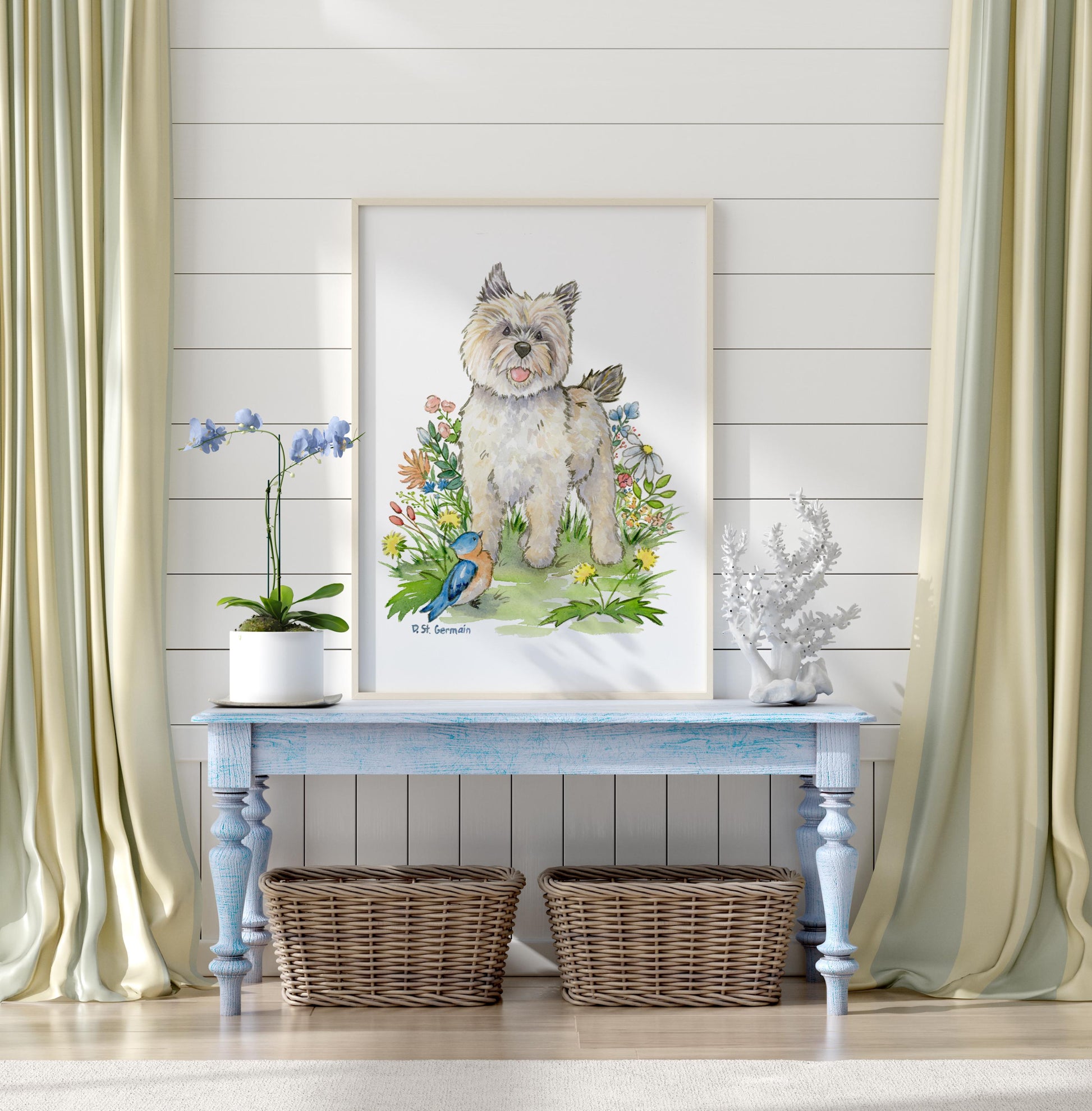 Large framed watercolor painting of cairn terrier puppy, bluebird, and colorful flowers