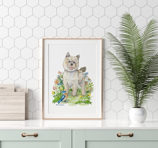 watercolor painting of cairn terrier puppy, bluebird, and colorful flowers