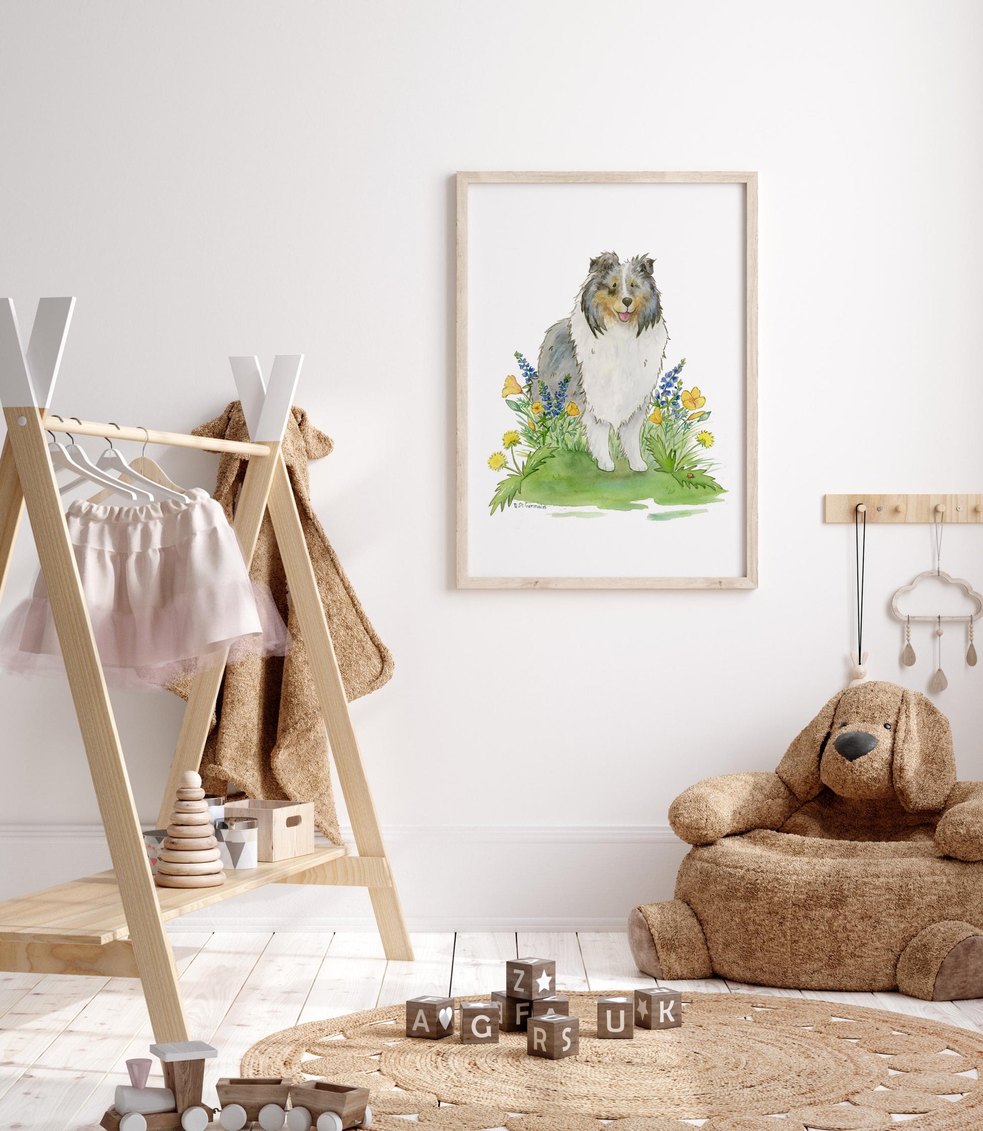 Sheltie Art, Sheltie Gifts, Blue Merle Sheltie, Shetland Sheepdog Art, Sheltie Painting, Dog Portrait, Watercolor Dog Art, Puppy Nursery Art