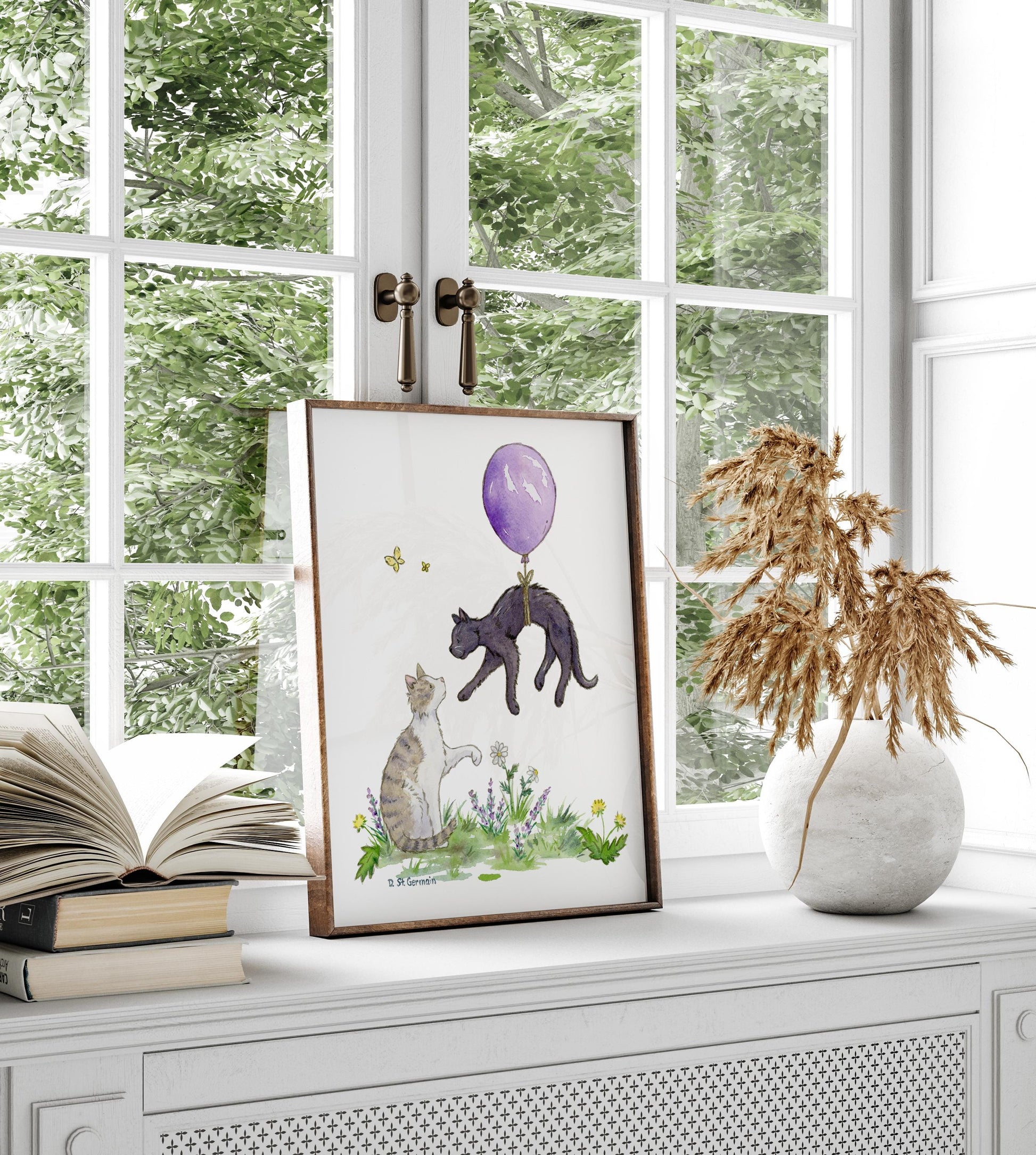 Watercolor Cat Art, Kitten Nursery Art, Cats with Purple Balloon, Black Cat Art, Tabby Cat Art, Children's Cat Art, Cat Lover Gift