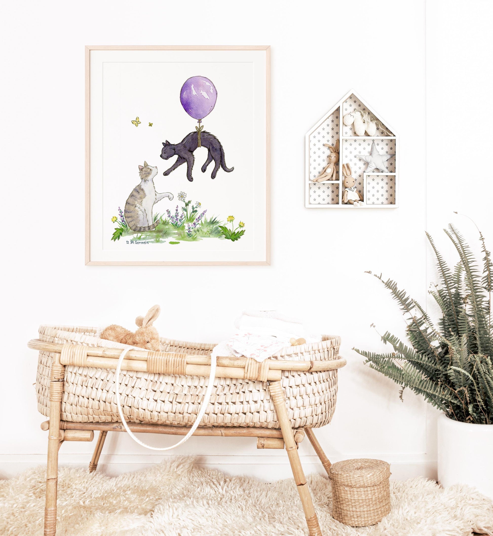 Watercolor Cat Art, Kitten Nursery Art, Cats with Purple Balloon, Black Cat Art, Tabby Cat Art, Children's Cat Art, Cat Lover Gift