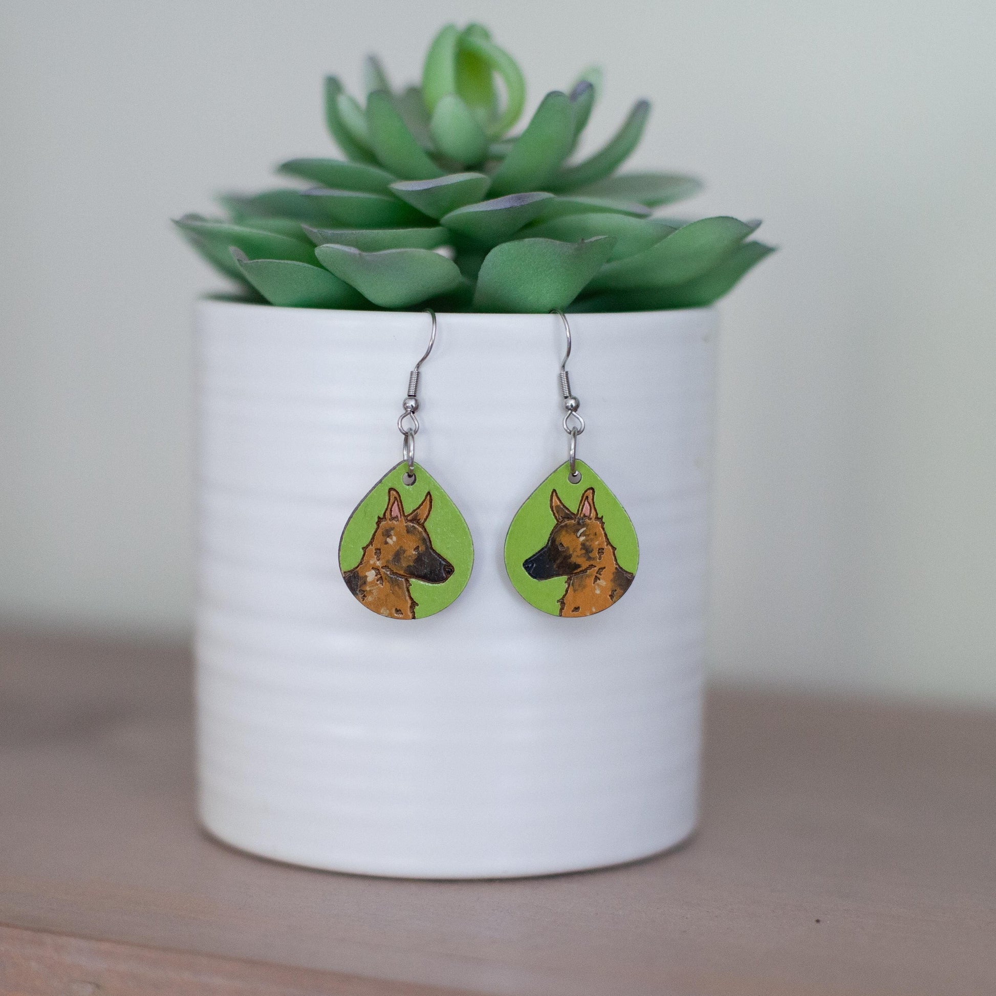 German Shepherd Earrings, Laser Engraved Wood Earrings, Hand painted Earrings, German Shepherd Gift, German Shepherd Mom, Shepherd Jewelry