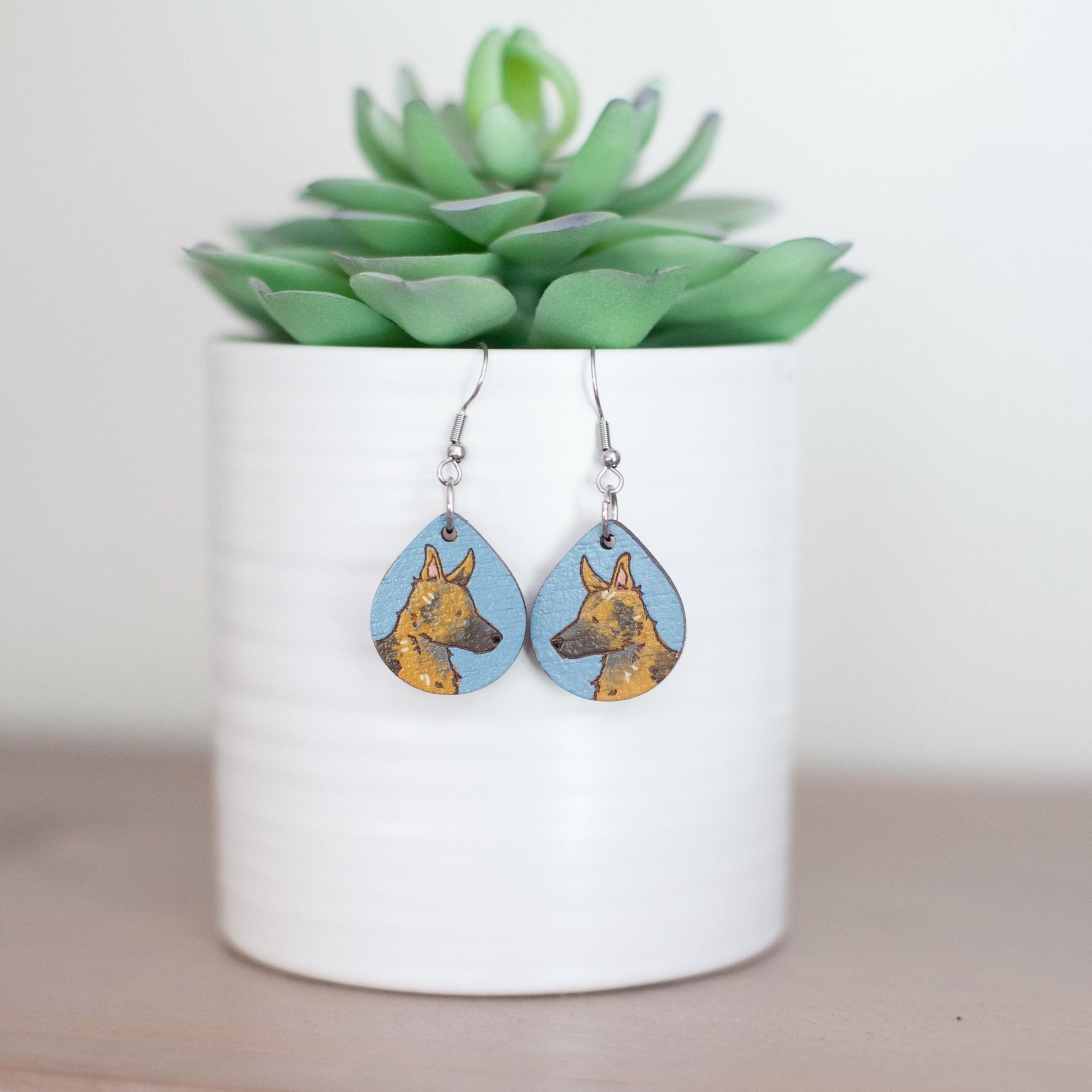 German Shepherd Earrings, Laser Engraved Wood Earrings, Hand painted Earrings, German Shepherd Gift, German Shepherd Mom, Shepherd Jewelry