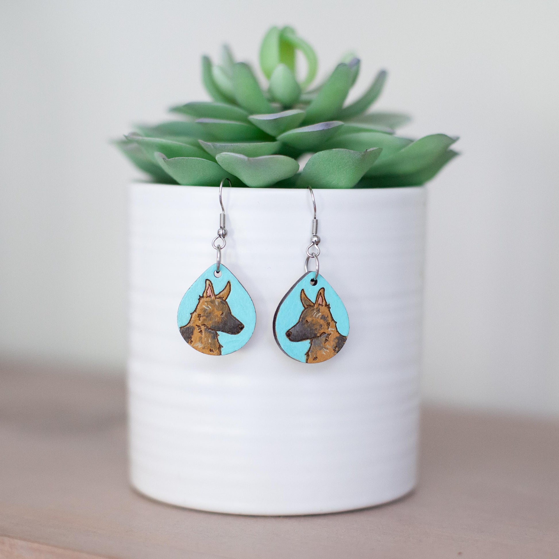 German Shepherd Earrings, Laser Engraved Wood Earrings, Hand painted Earrings, German Shepherd Gift, German Shepherd Mom, Shepherd Jewelry
