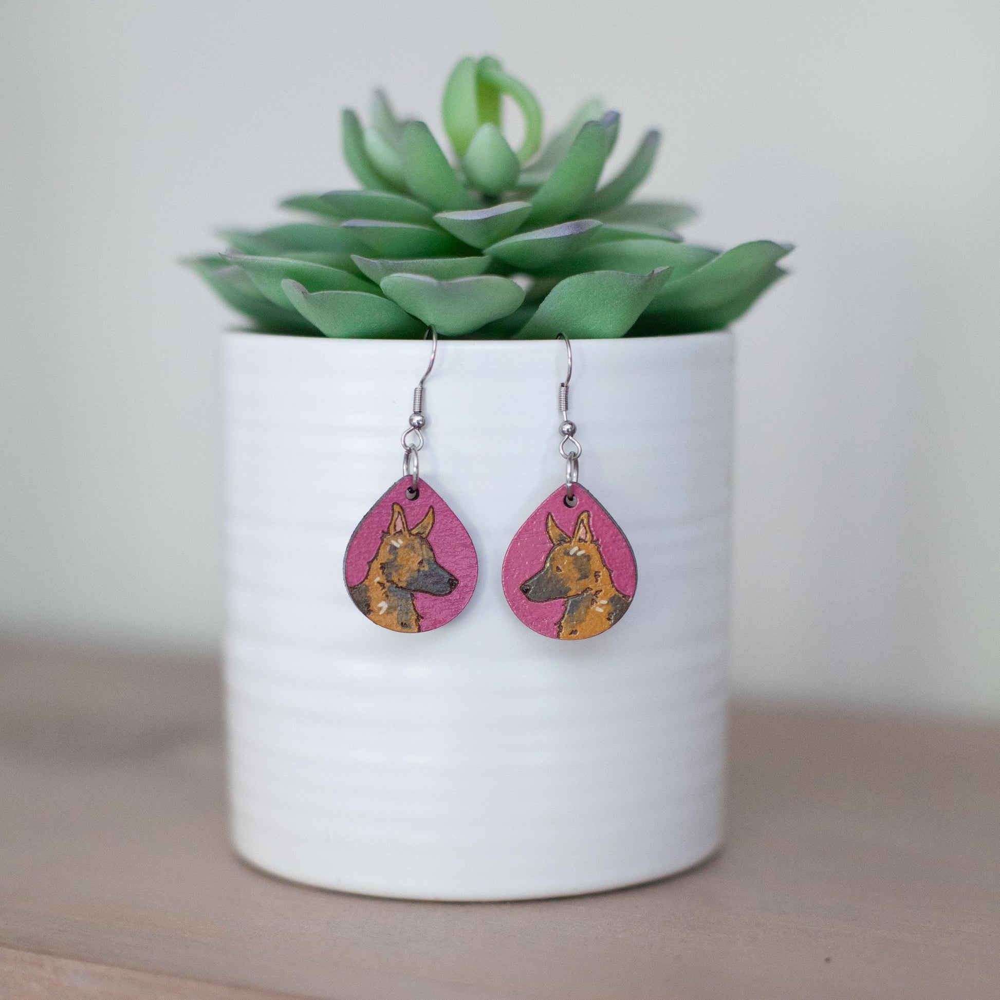 German Shepherd Earrings, Laser Engraved Wood Earrings, Hand painted Earrings, German Shepherd Gift, German Shepherd Mom, Shepherd Jewelry