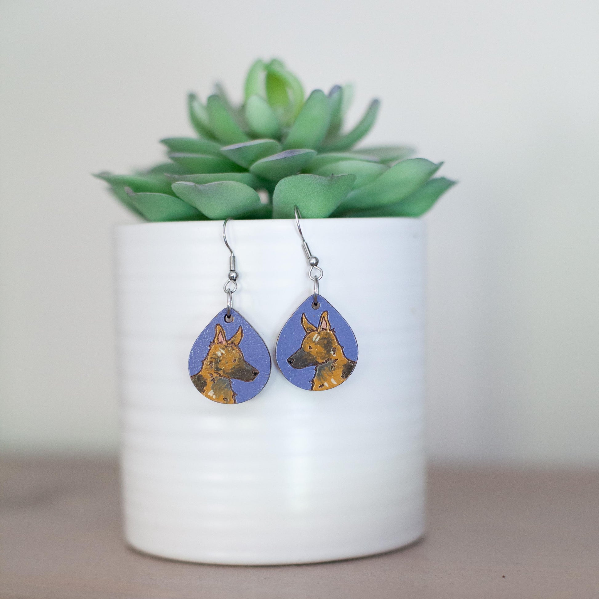 German Shepherd Earrings, Laser Engraved Wood Earrings, Hand painted Earrings, German Shepherd Gift, German Shepherd Mom, Shepherd Jewelry