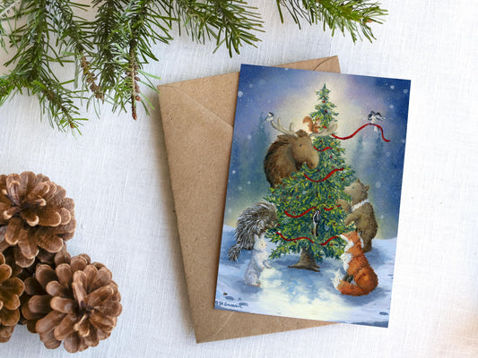 Set of Alaskan Christmas Cards, Woodland Holiday Cards, Alaskan Animals with Christmas tree