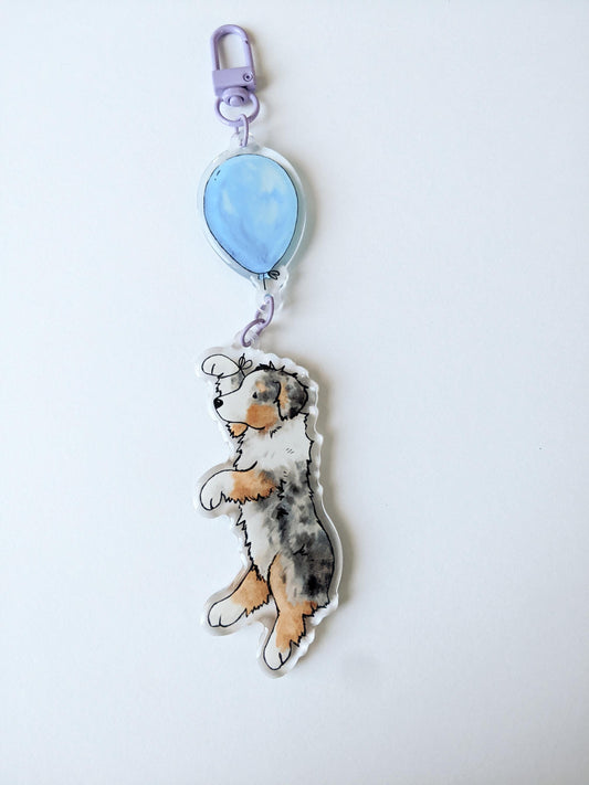 Acrylic Aussie Keychain, Aussie with Balloon, Australian Shepherd Gift, Red Merle, Tri, Blue Merle