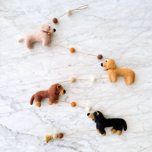 Felted hanging garland with four dachshund dogs