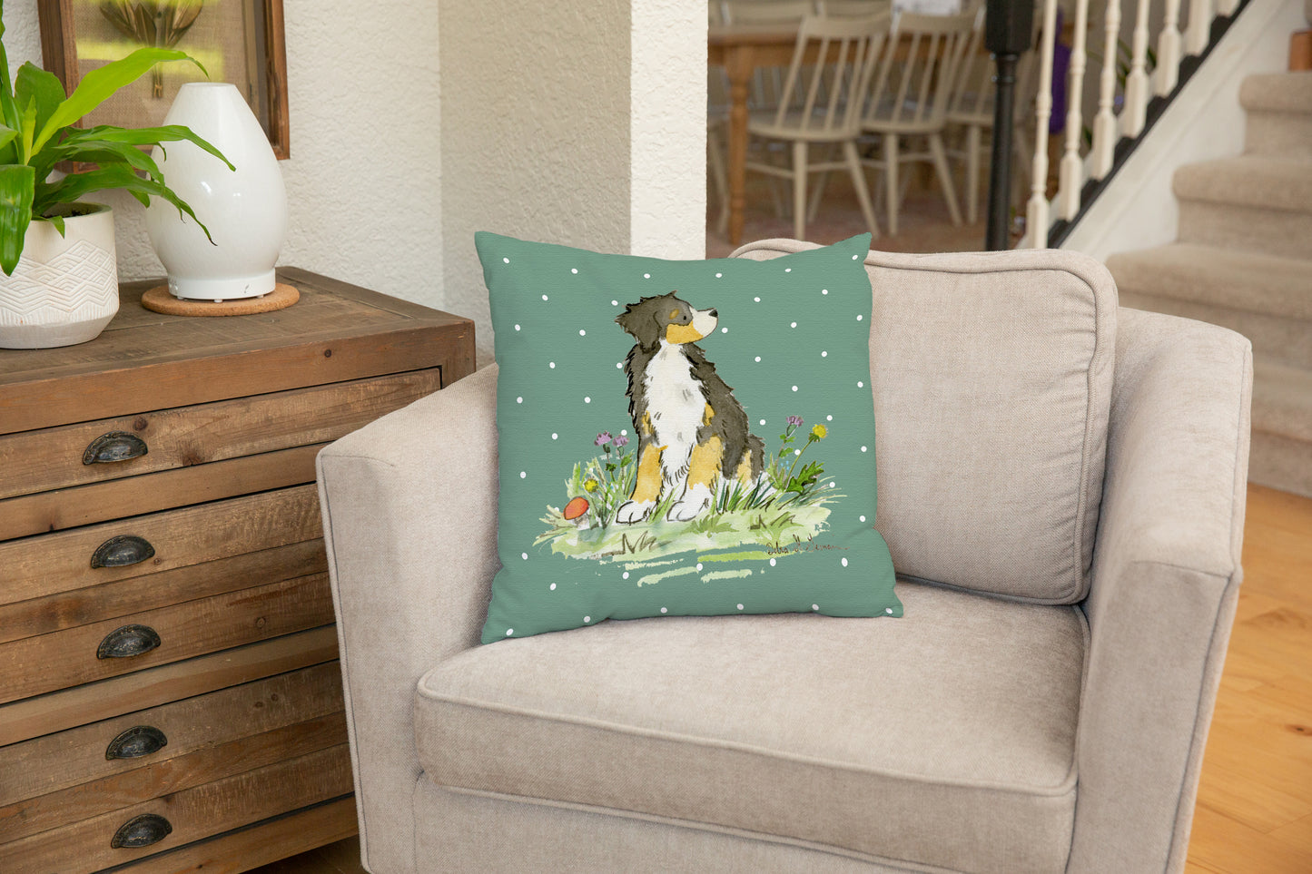 Bernese Mountain Dog Square Throw Pillow Cover - Jasper and Ruby Art
