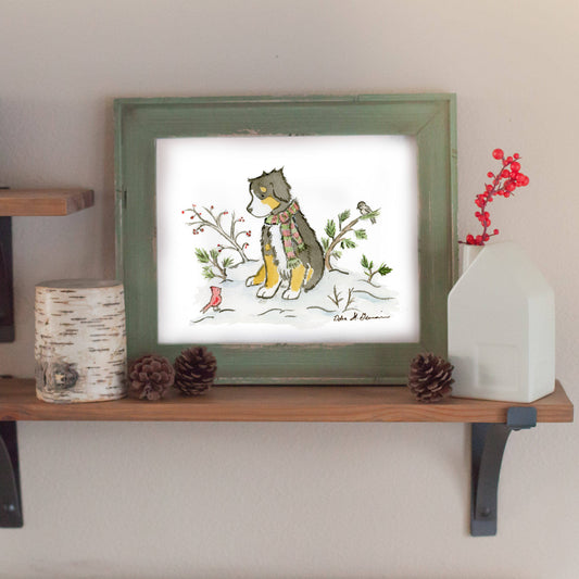 Bernese Mountain Dog Christmas Art Print, Bernese Art, Dog Holiday Art, Bernese Gift