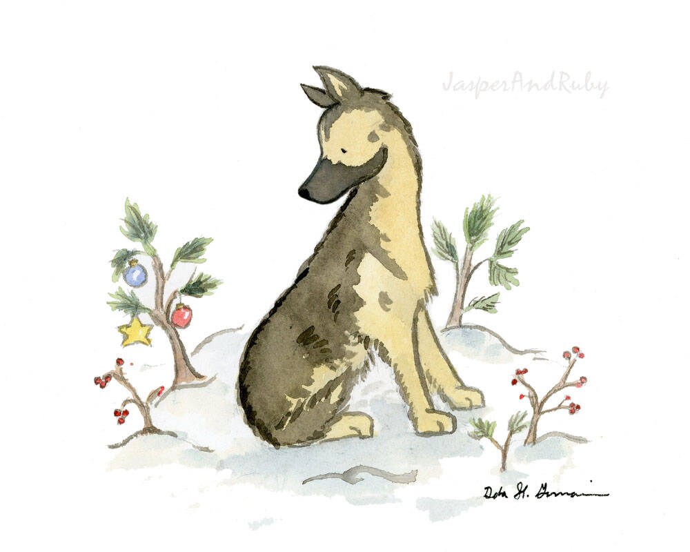German Shepherd Christmas Art, Watercolor Print, Holiday Gift for Dog Lovers