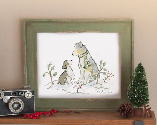 Australian Shepherd Christmas Print, Holiday Gift for Aussie Lovers