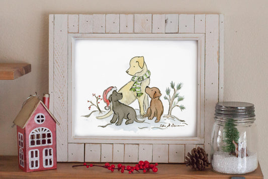 Labrador Christmas Art, Yellow lab, Chocolate Lab and Black lab print