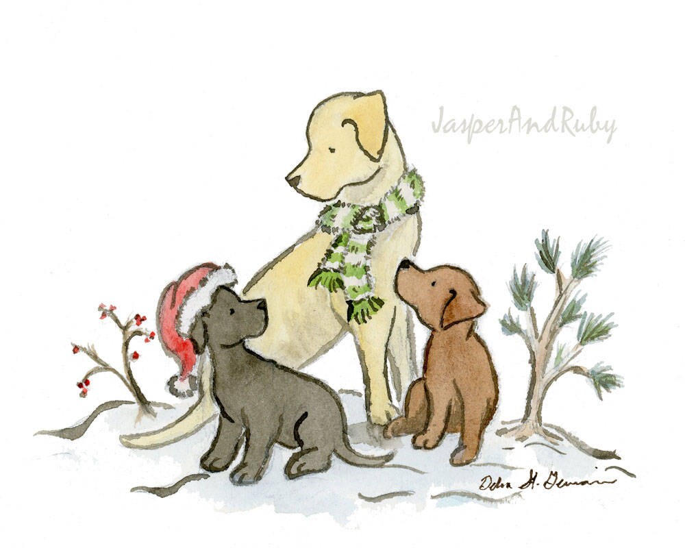 Labrador Christmas Art, Yellow lab, Chocolate Lab and Black lab print