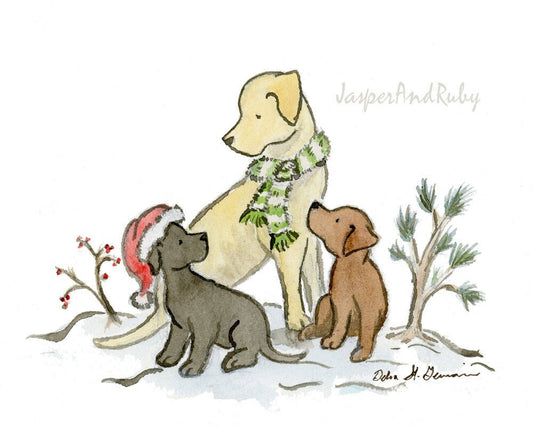 Labrador Christmas Art, Yellow lab, Chocolate Lab and Black lab print