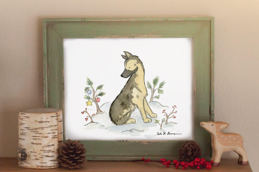 German Shepherd Christmas Art, Watercolor Print, Holiday Gift for Dog Lovers