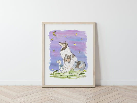Collie Watercolor Art, Blue Merle Collies, The Wishing Star 2, Starry Sky Dog Art