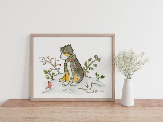 Bernese Mountain Dog Christmas Art Print, Bernese Art, Dog Holiday Art, Bernese Gift