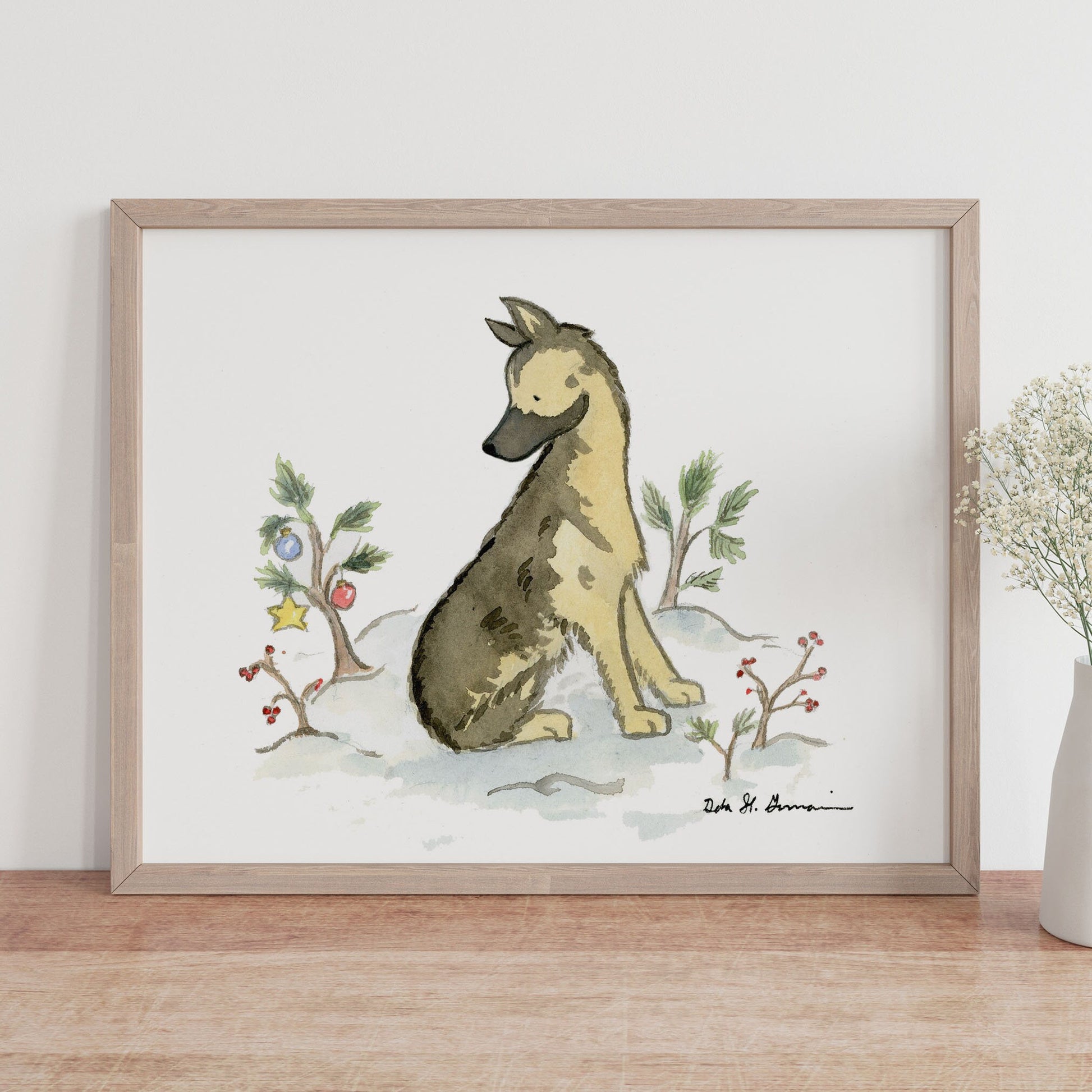 German Shepherd Christmas Art, Watercolor Print, Holiday Gift for Dog Lovers