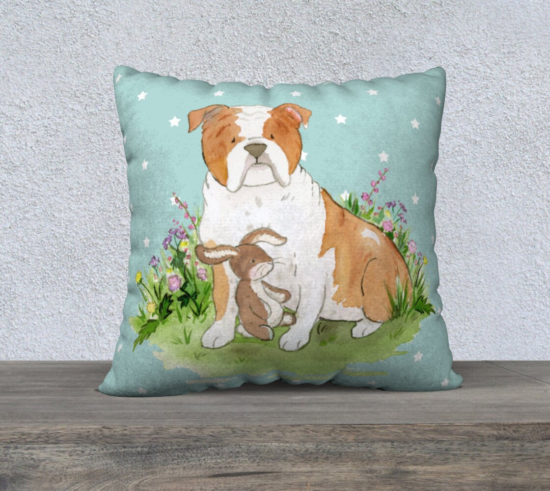 Bulldog Throw Pillow cover, Watercolor Dog Pillow, Square Cotton Canvas Pillow, English Bulldog Gift, Dog Lover Gift, Bulldog Mom, Dog Decor