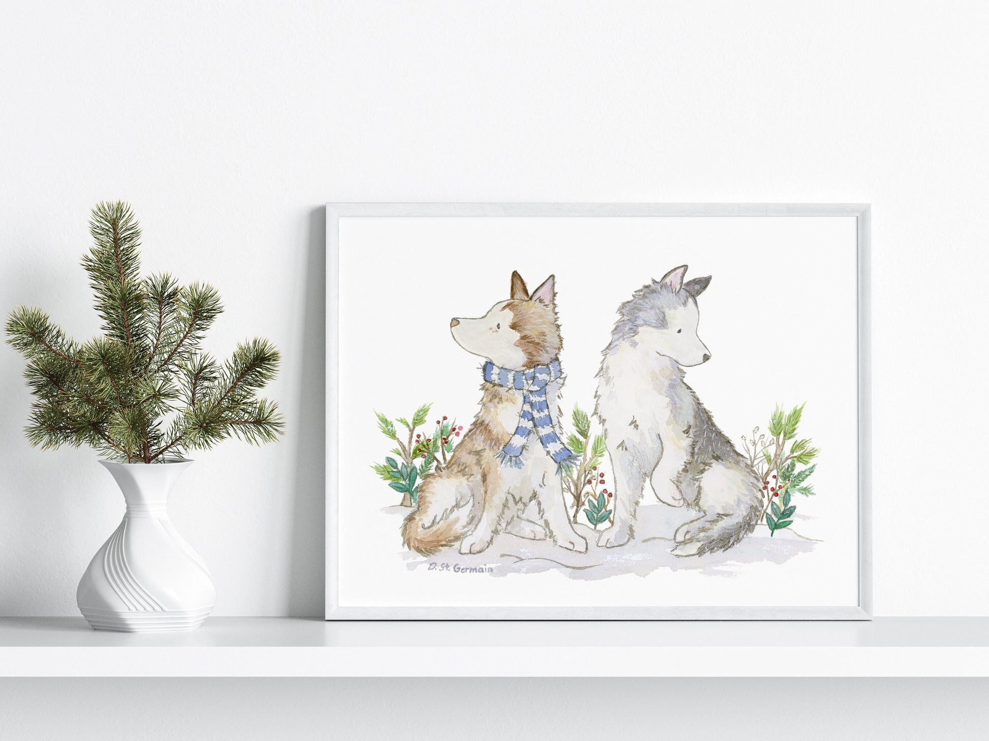 Husky Christmas Art, Dog Holiday Print, Siberian Husky Art, Malamute Art, Christmas Decor, Holiday Decor, Dog Lover Gift, Husky Decor