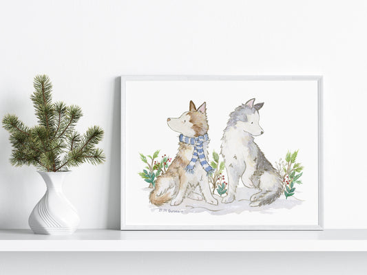 Husky Christmas Art, Dog Holiday Print, Siberian Husky Art, Malamute Art, Christmas Decor, Holiday Decor, Dog Lover Gift, Husky Decor