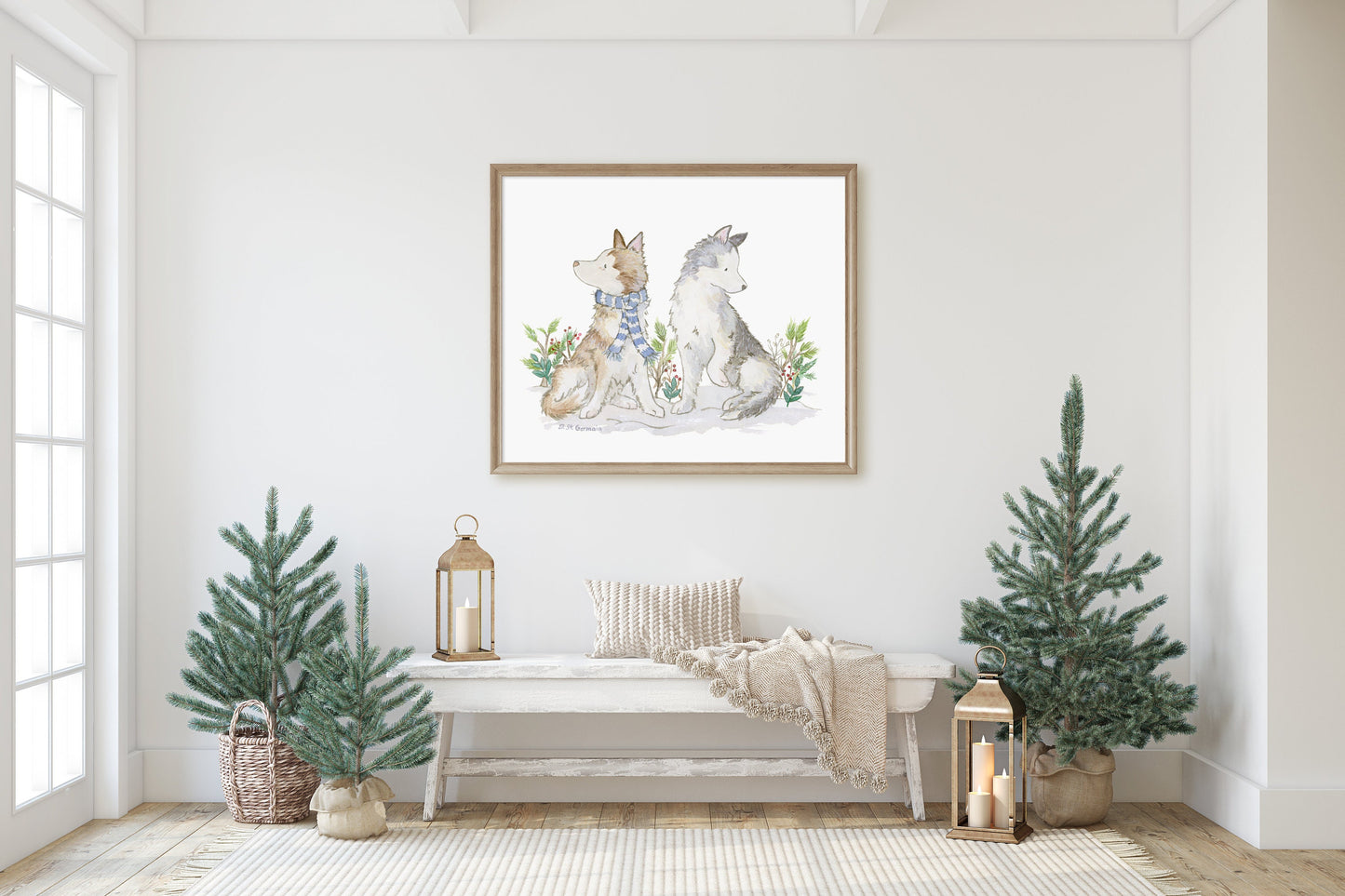 Husky Christmas Art, Dog Holiday Print, Siberian Husky Art, Malamute Art, Christmas Decor, Holiday Decor, Dog Lover Gift, Husky Decor