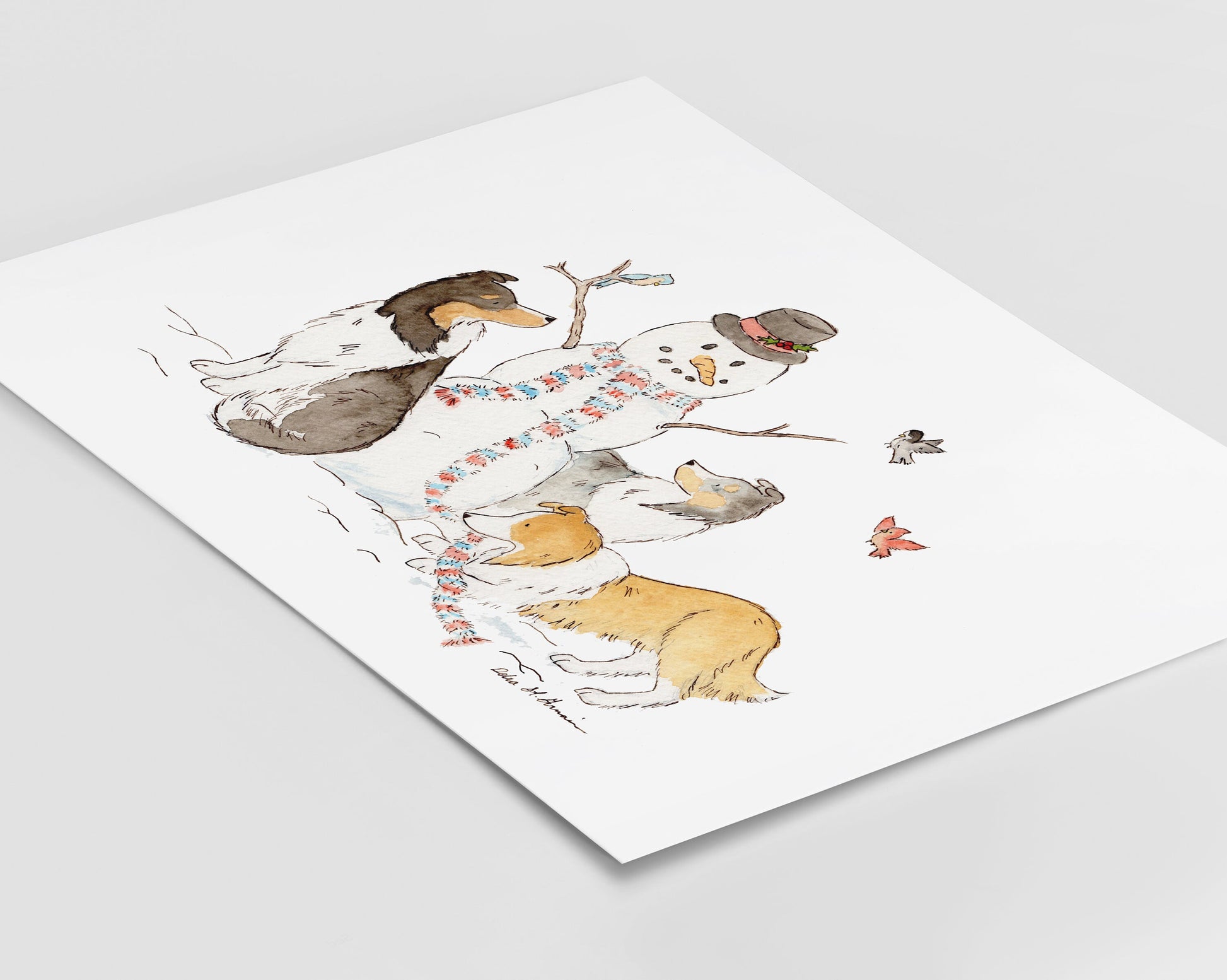 Sheltie Christmas Art, Holiday Dog Print, Shetland Sheepdog Art, Holiday Wall Art, Shelties with Snowman, Holiday Decor, Dog Christmas  Art