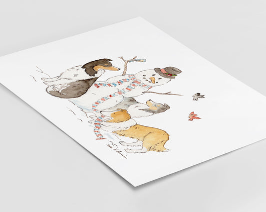 Sheltie Christmas Art, Holiday Dog Print, Shetland Sheepdog Art, Holiday Wall Art, Shelties with Snowman, Holiday Decor, Dog Christmas  Art
