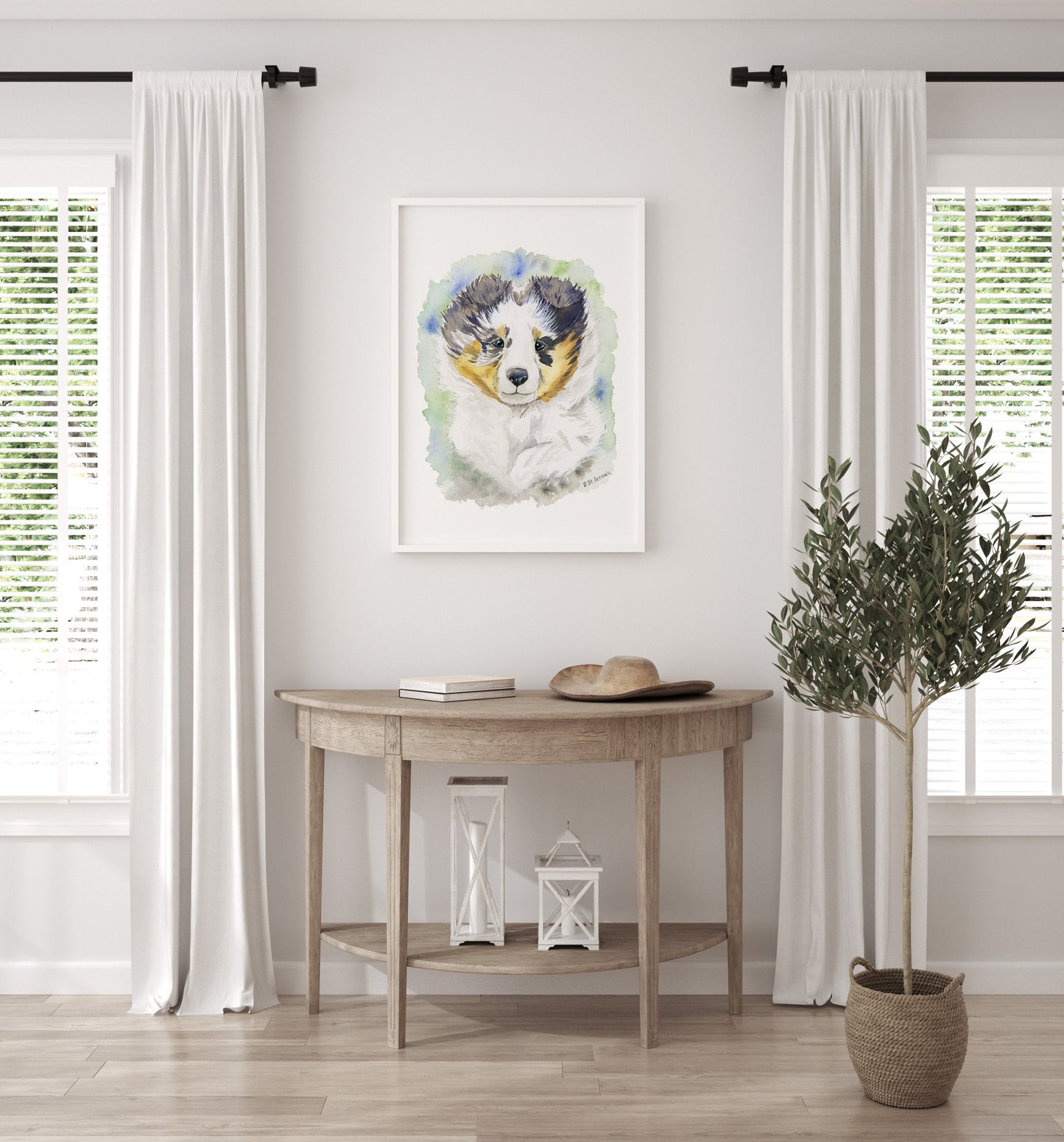 Blue Merle Sheltie Puppy Art, Shetland Sheepdog Watercolor Print, Cute Dog Art, Sheltie Gift