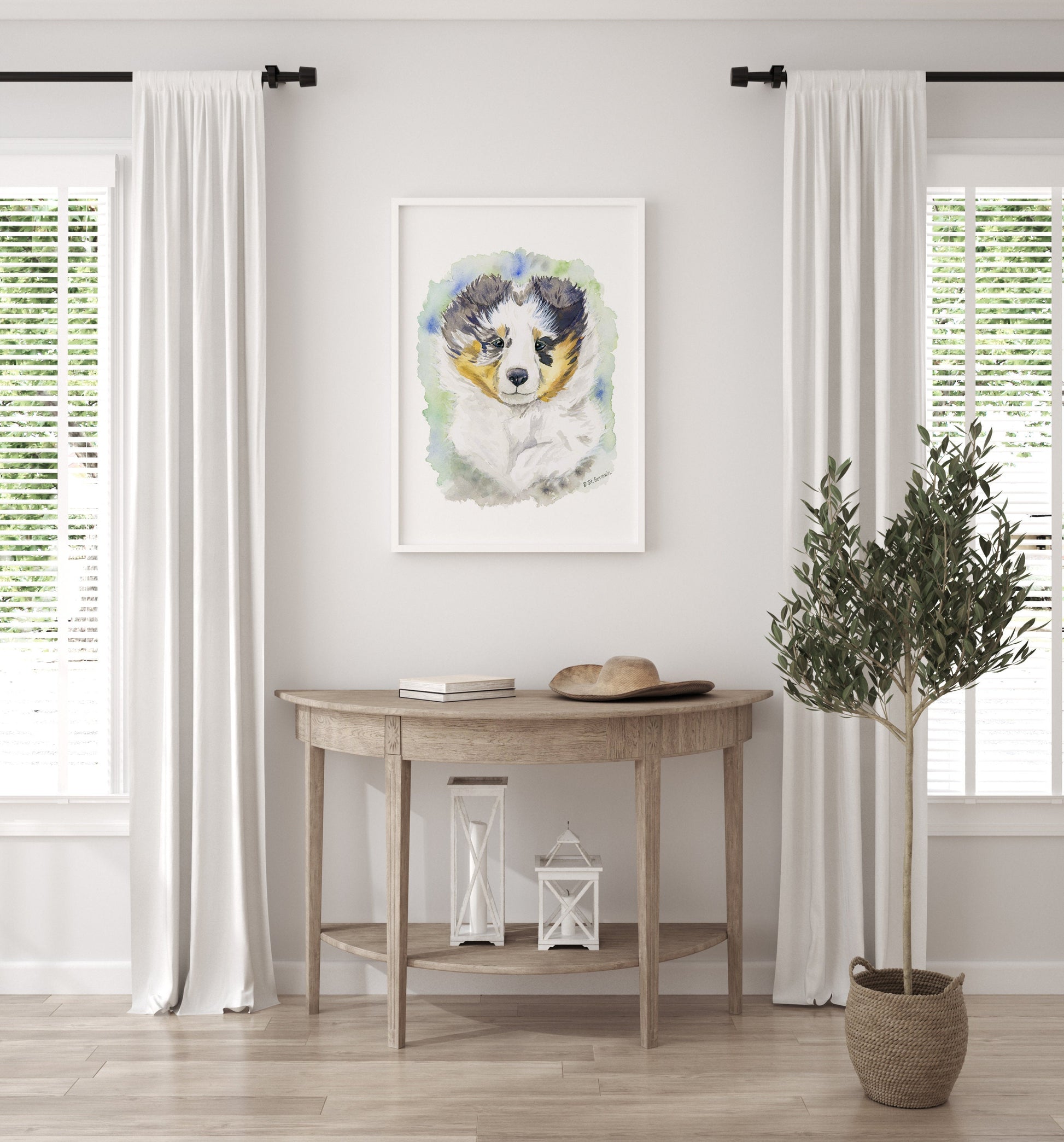 Blue Merle Sheltie Puppy Art, Shetland Sheepdog Watercolor Print, Cute Dog Art, Sheltie Gift