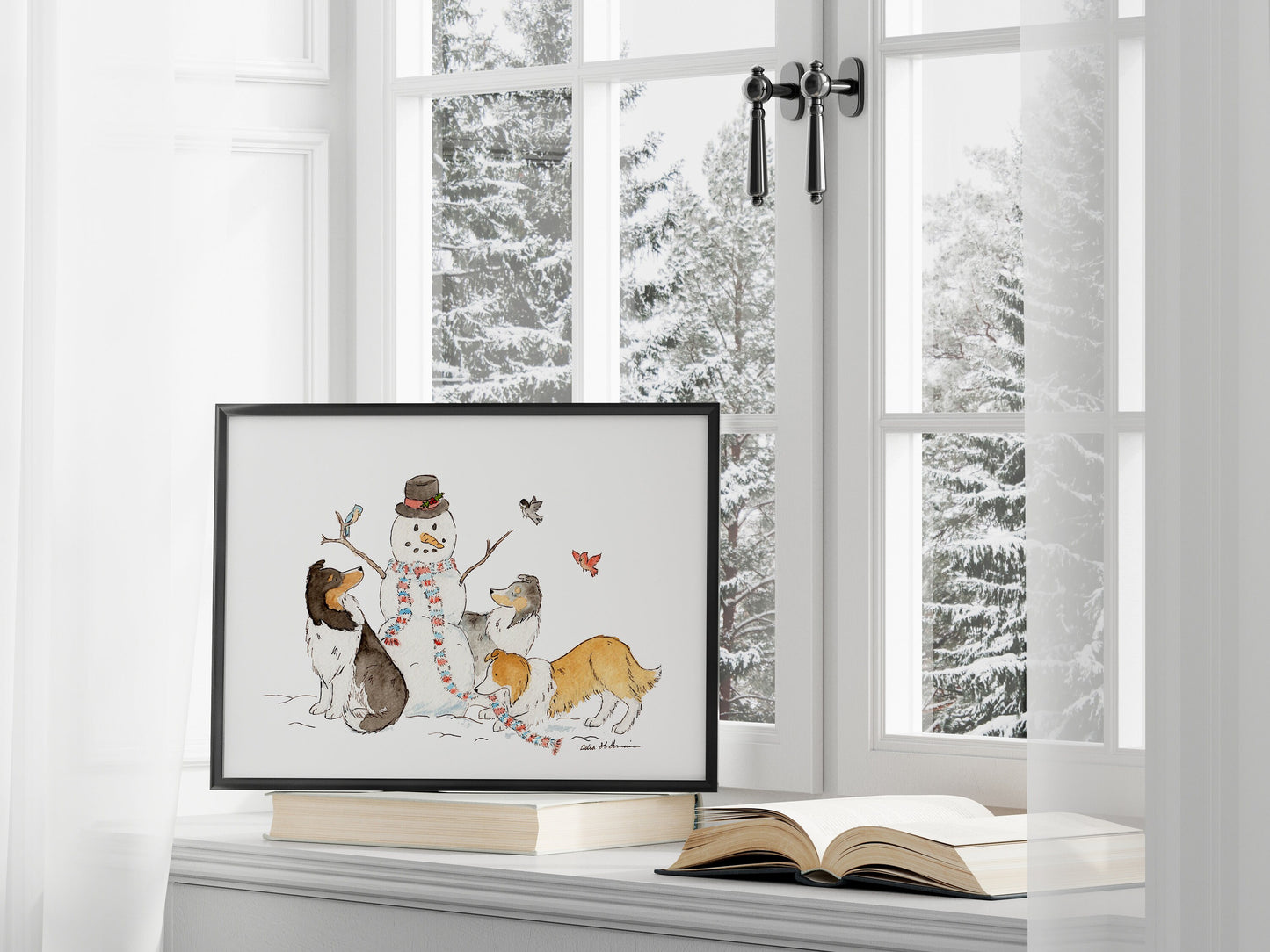 Sheltie Christmas Art, Holiday Dog Print, Shetland Sheepdog Art, Holiday Wall Art, Shelties with Snowman, Holiday Decor, Dog Christmas Art