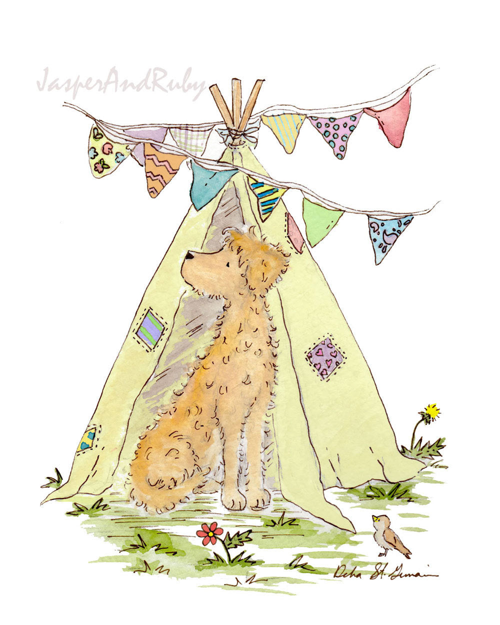 Doodle dog with Teepee Print, Watercolor Art Print - Jasper and Ruby Art